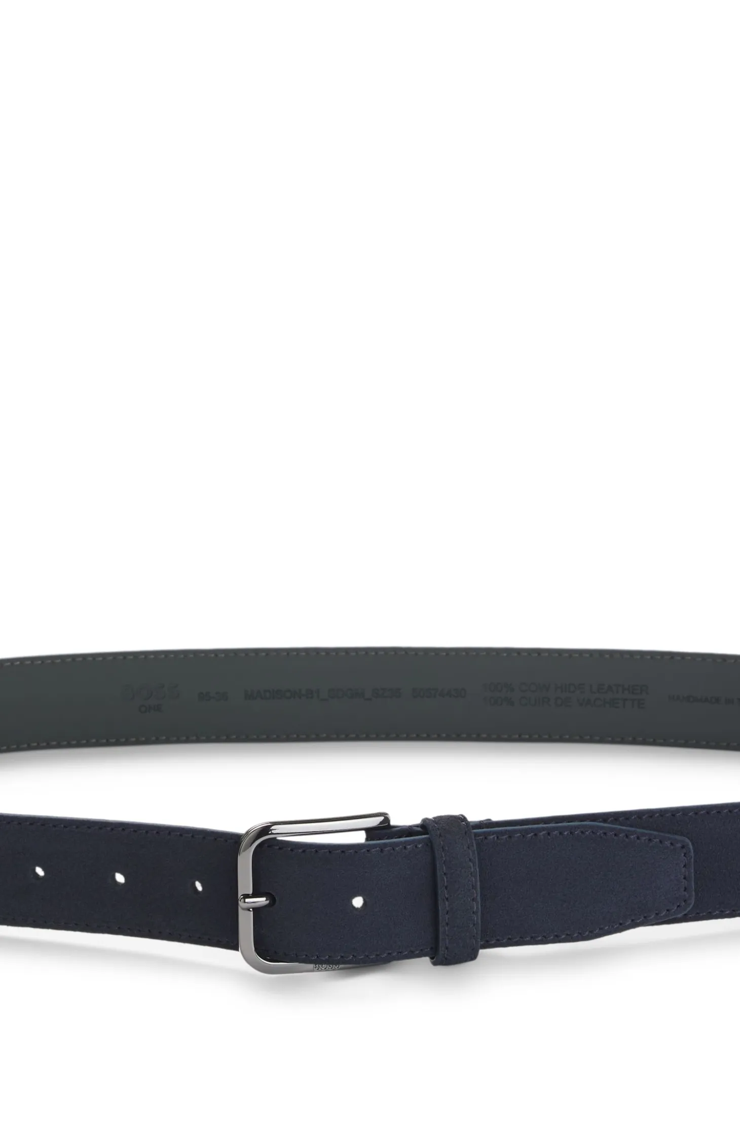 Leather business belt with polished gunmetal buckle