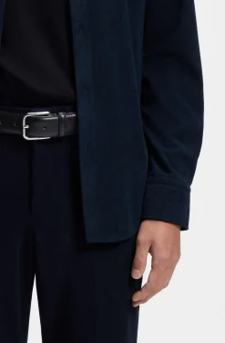 Leather business belt with polished silver buckle