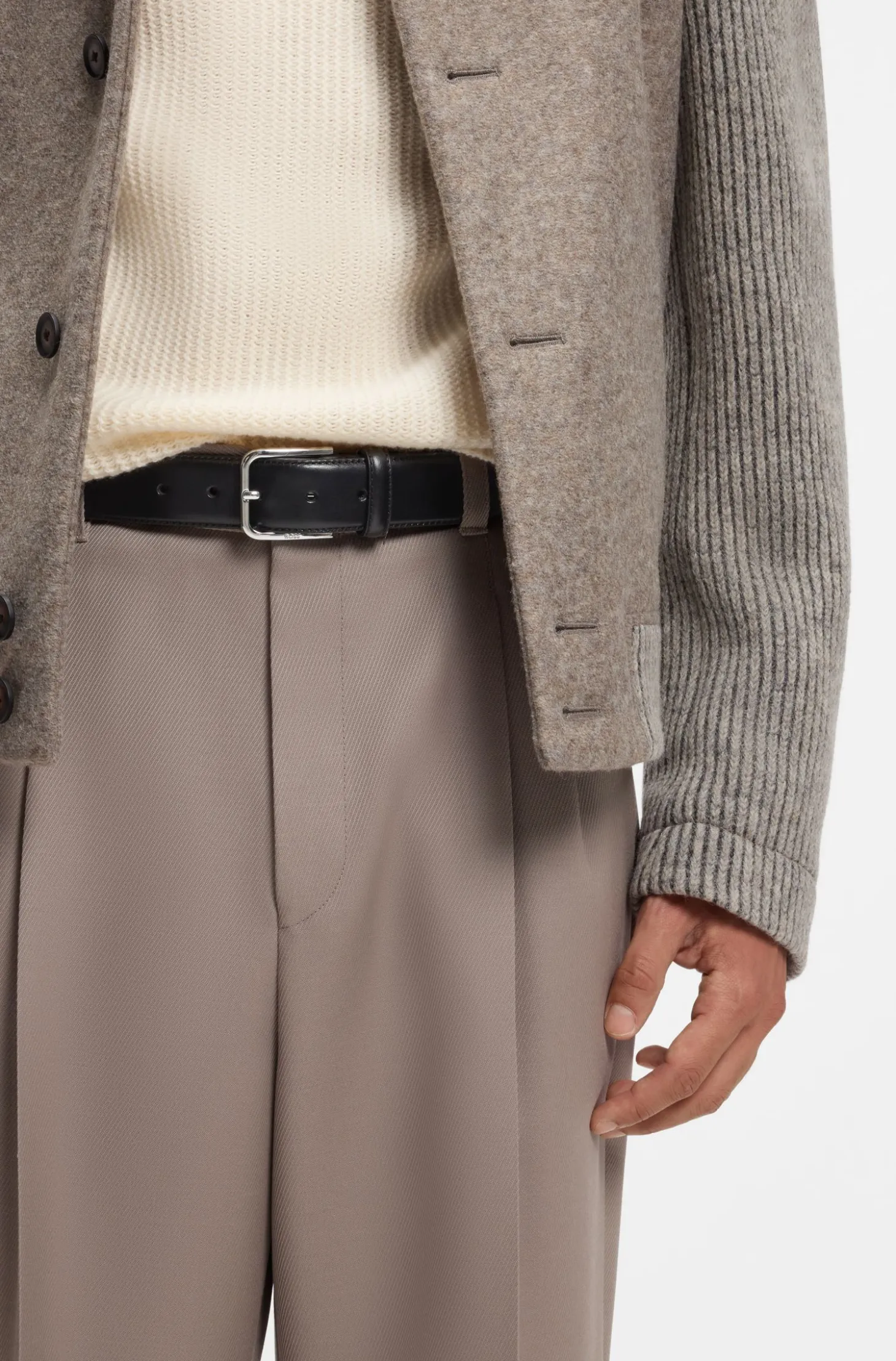 Leather business belt with polished silver buckle
