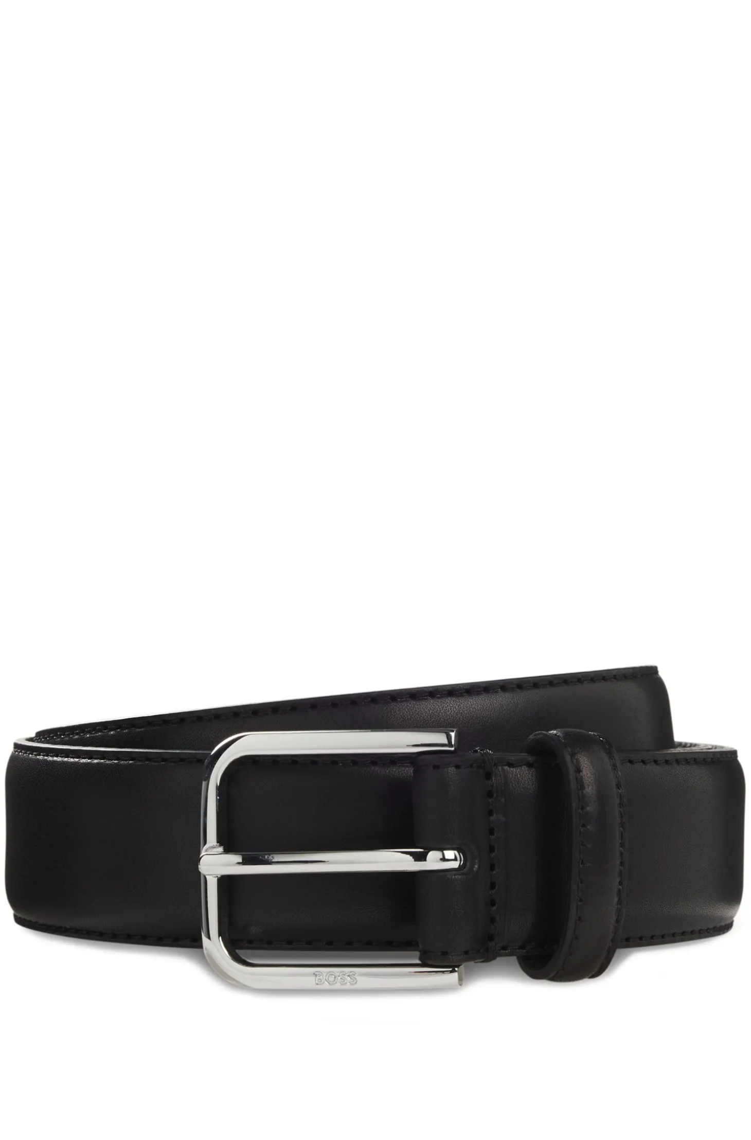 Leather business belt with polished silver buckle