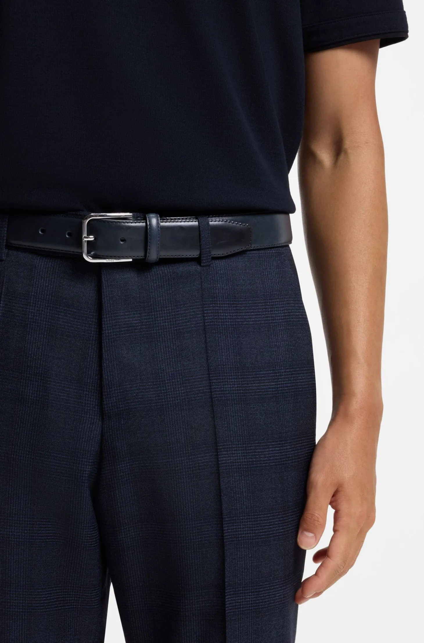 Leather business belt with polished silver buckle