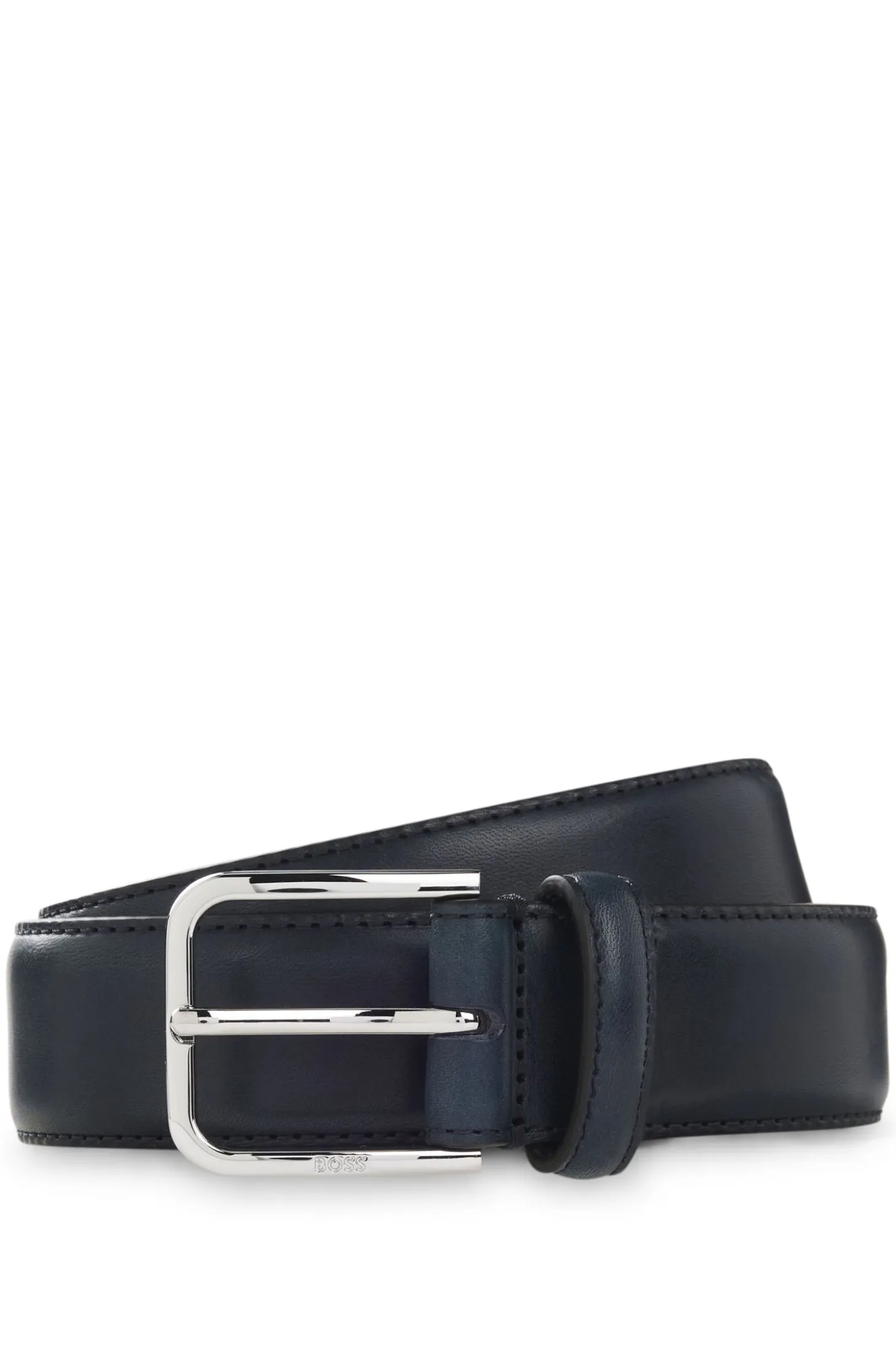 Leather business belt with polished silver buckle