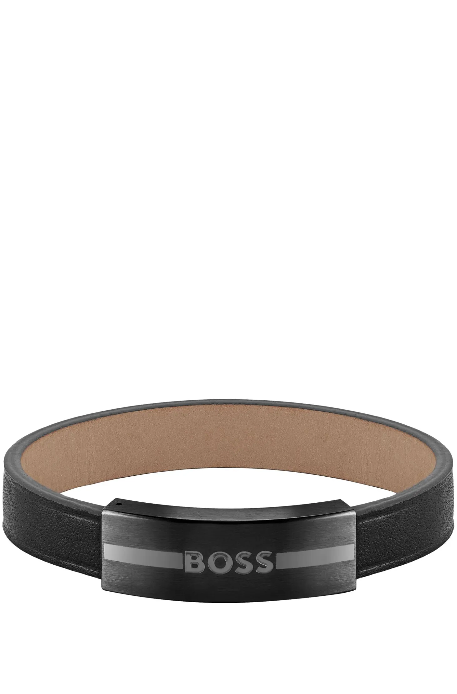 Leather cuff with metal enamel-filled-logo plate