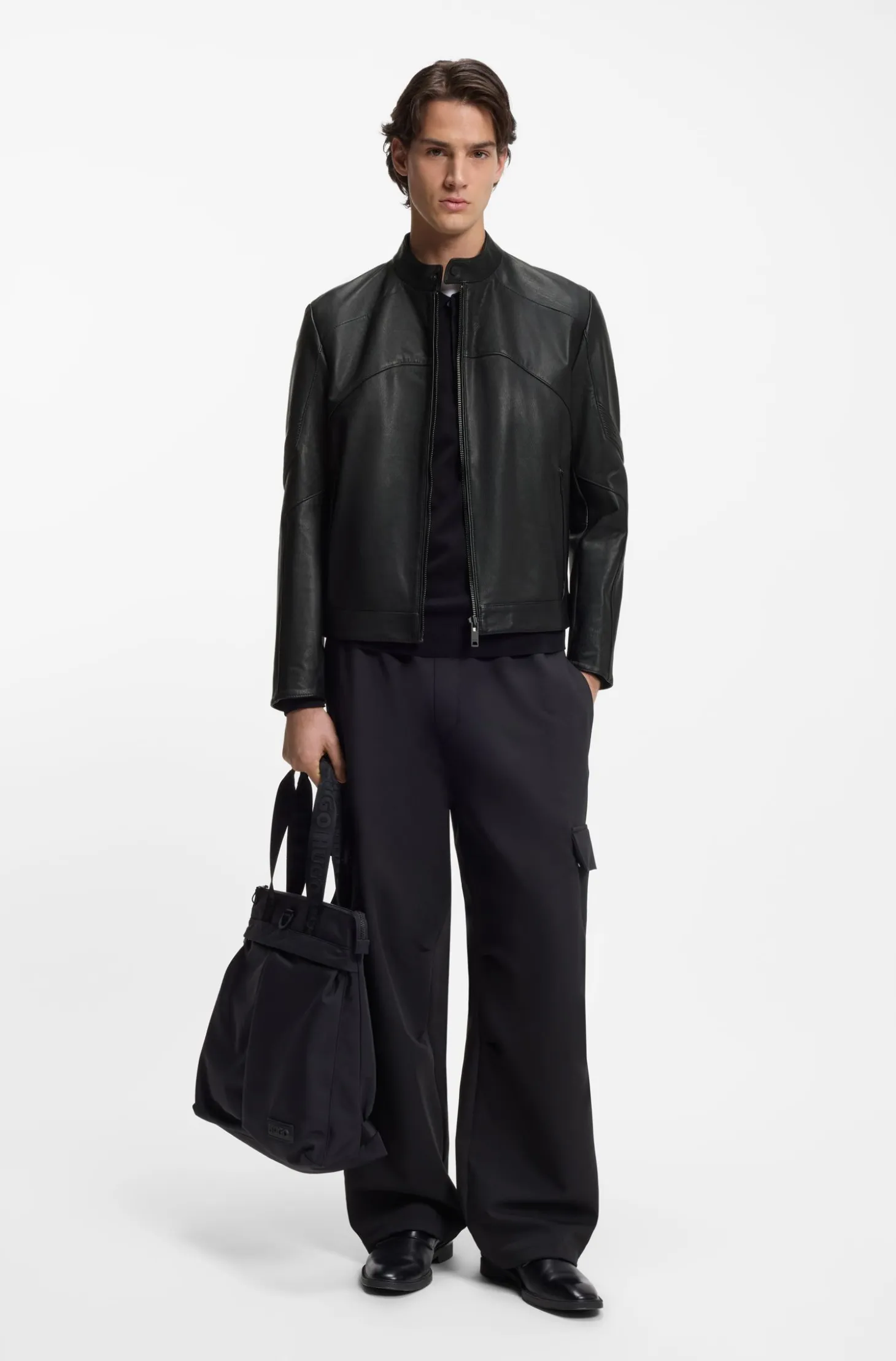 Leather jacket with piped details