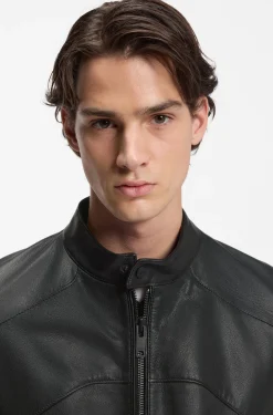 Leather jacket with piped details