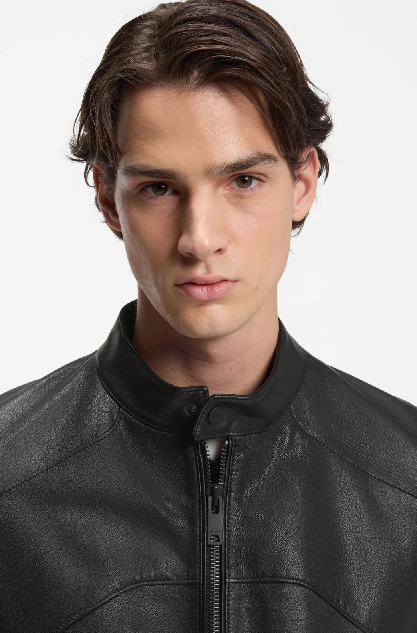 Leather jacket with piped details