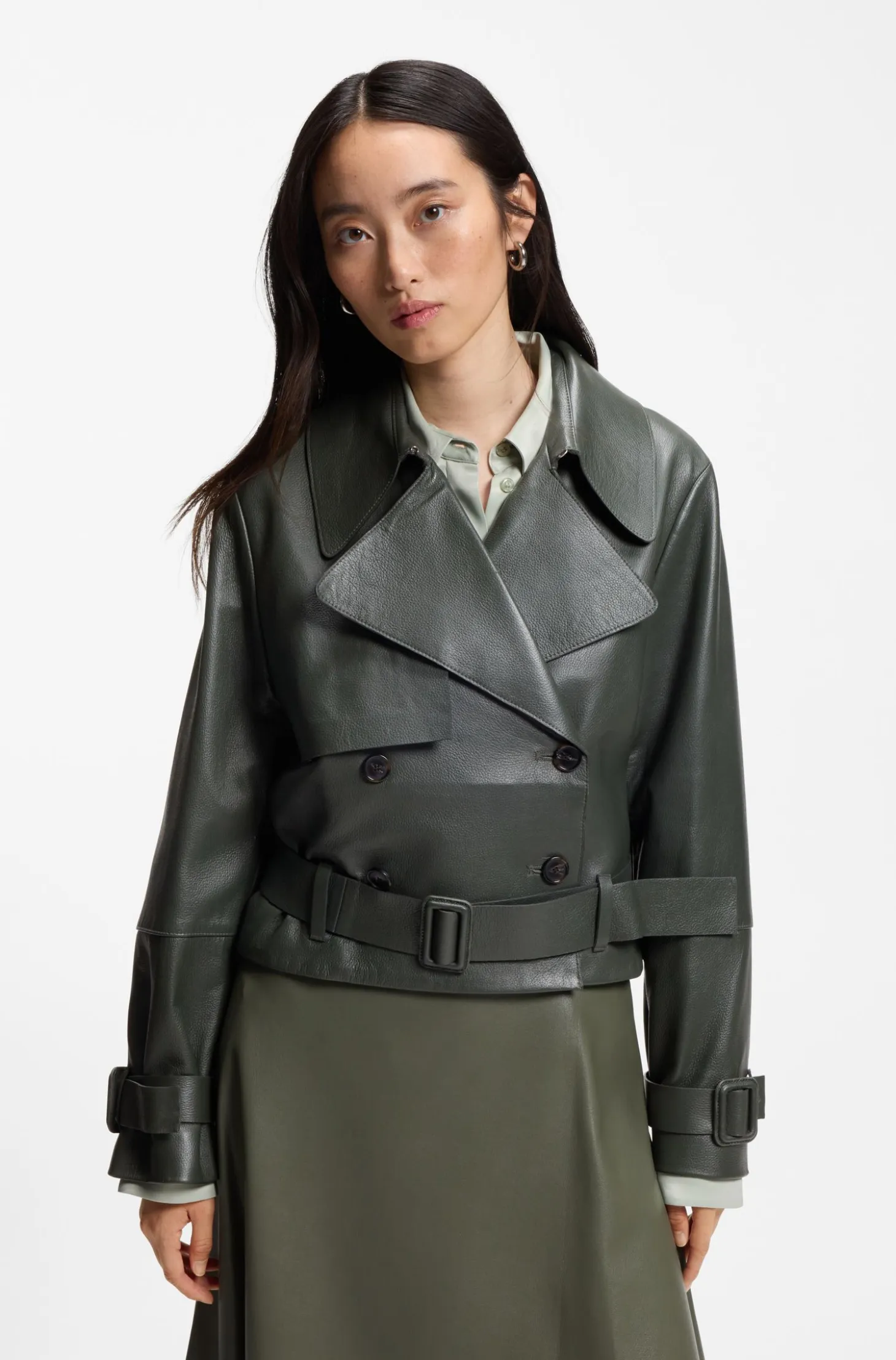 Leather jacket with trench styling