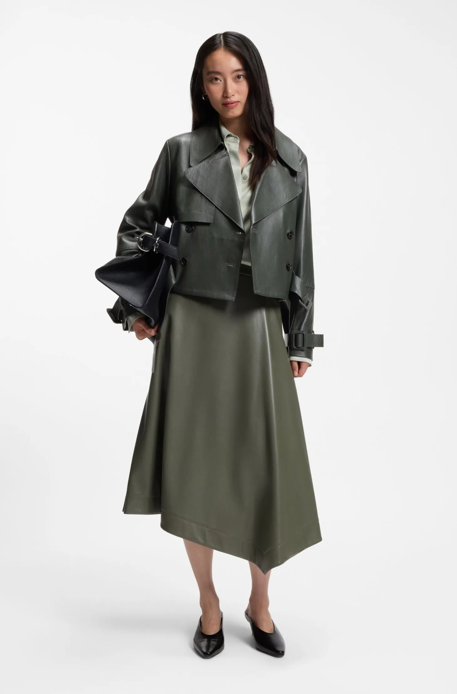 Leather jacket with trench styling
