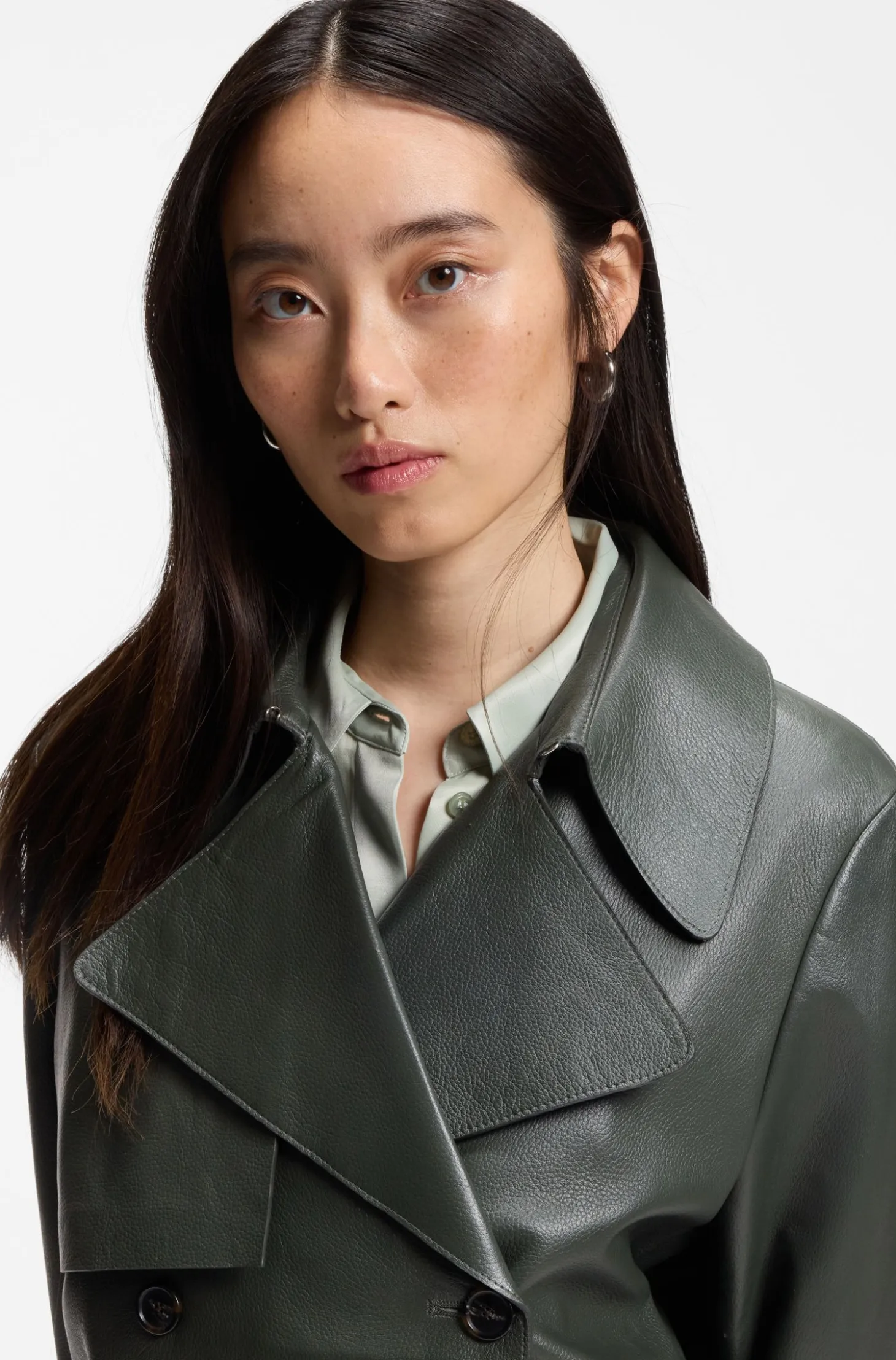 Leather jacket with trench styling