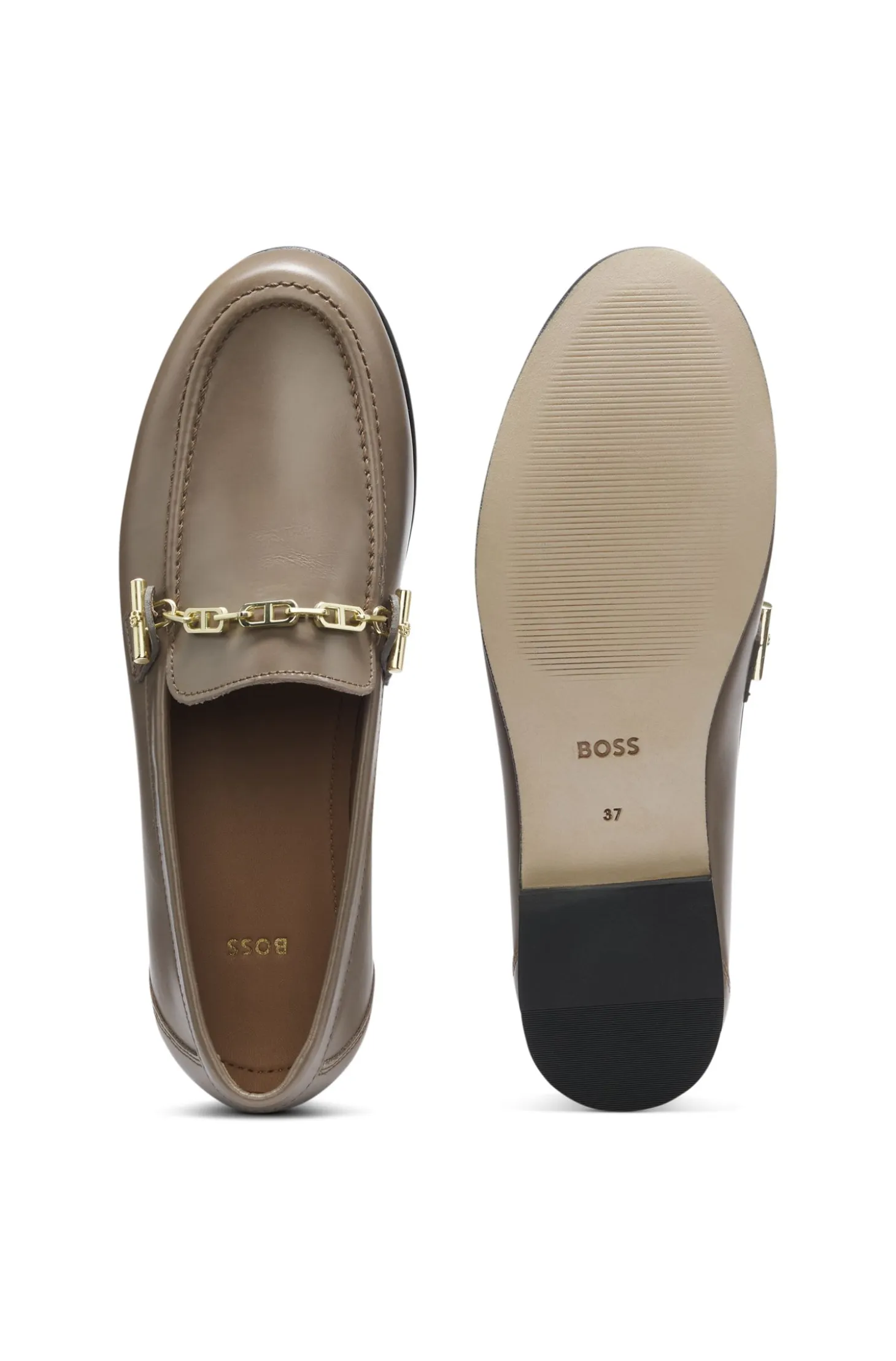 Leather loafers with chain trim and logo detail