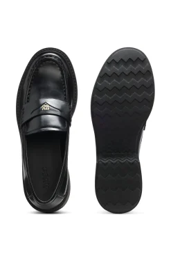Leather loafers with penny trim and stacked logo