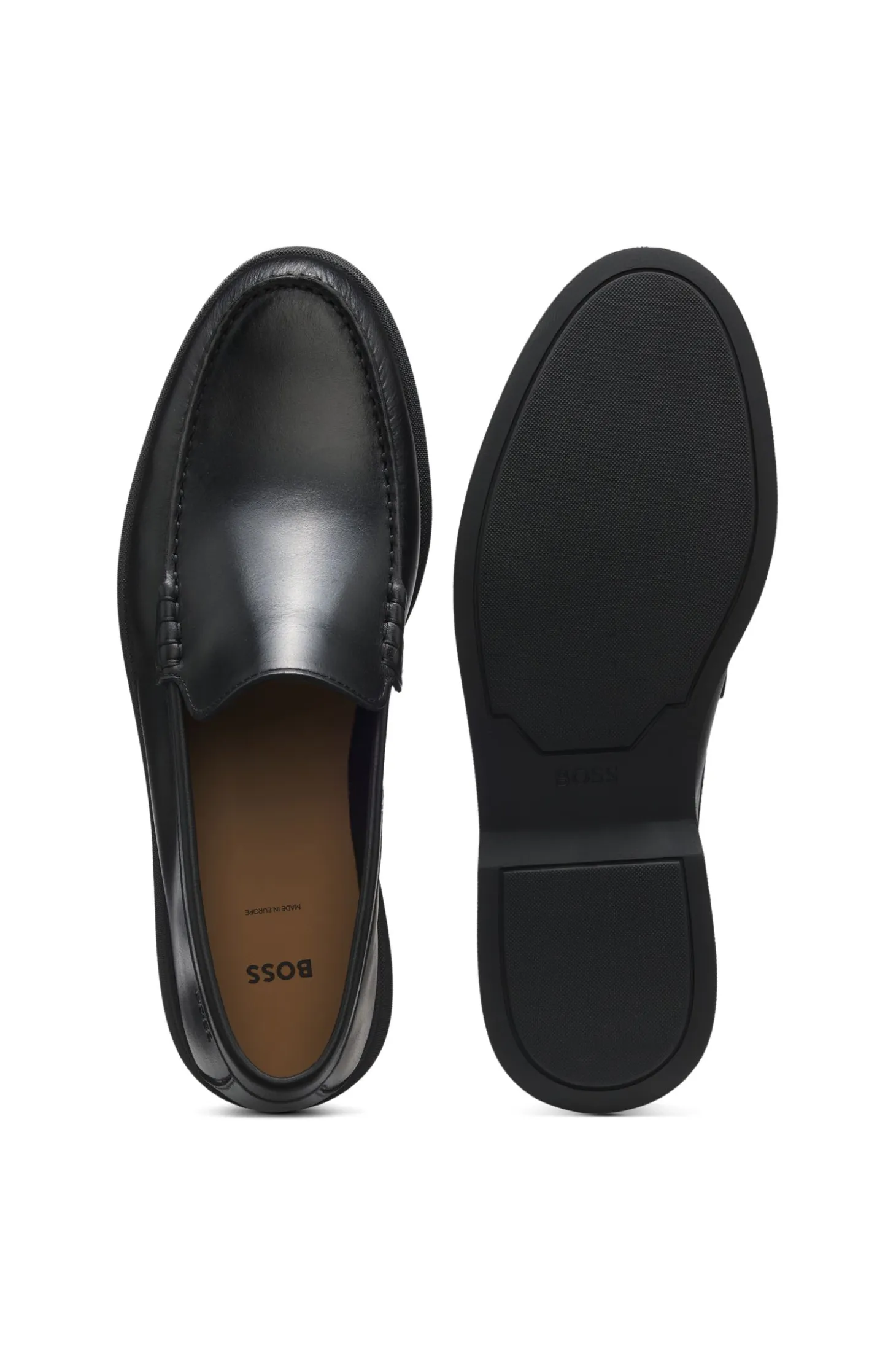 Leather moccasins with embossed logo