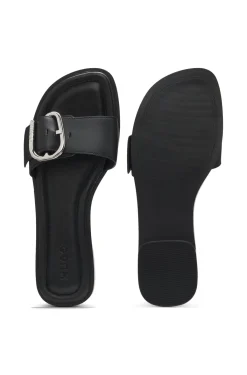 Leather slides with logo buckle