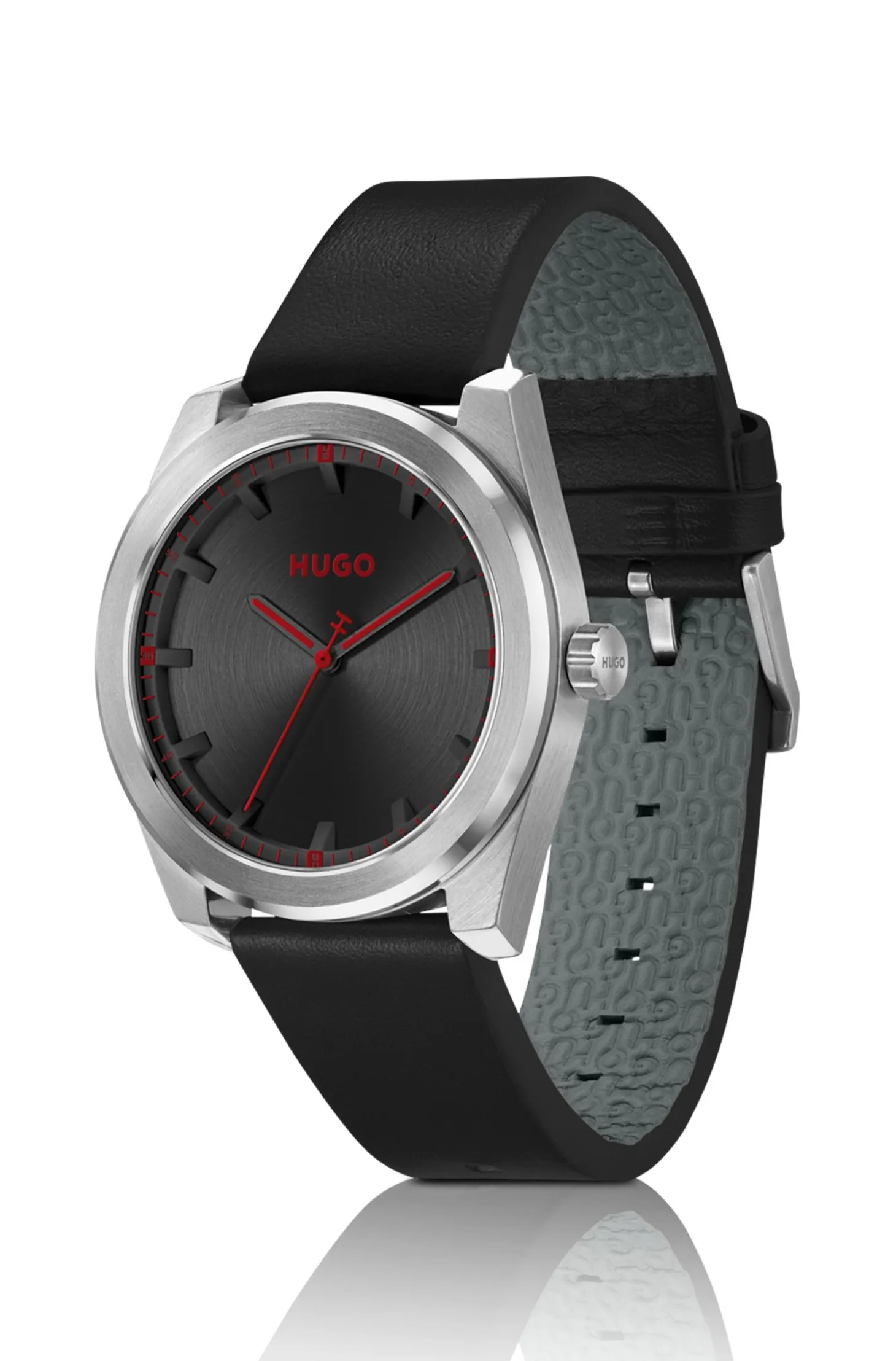 Leather-strap watch with brushed black dial