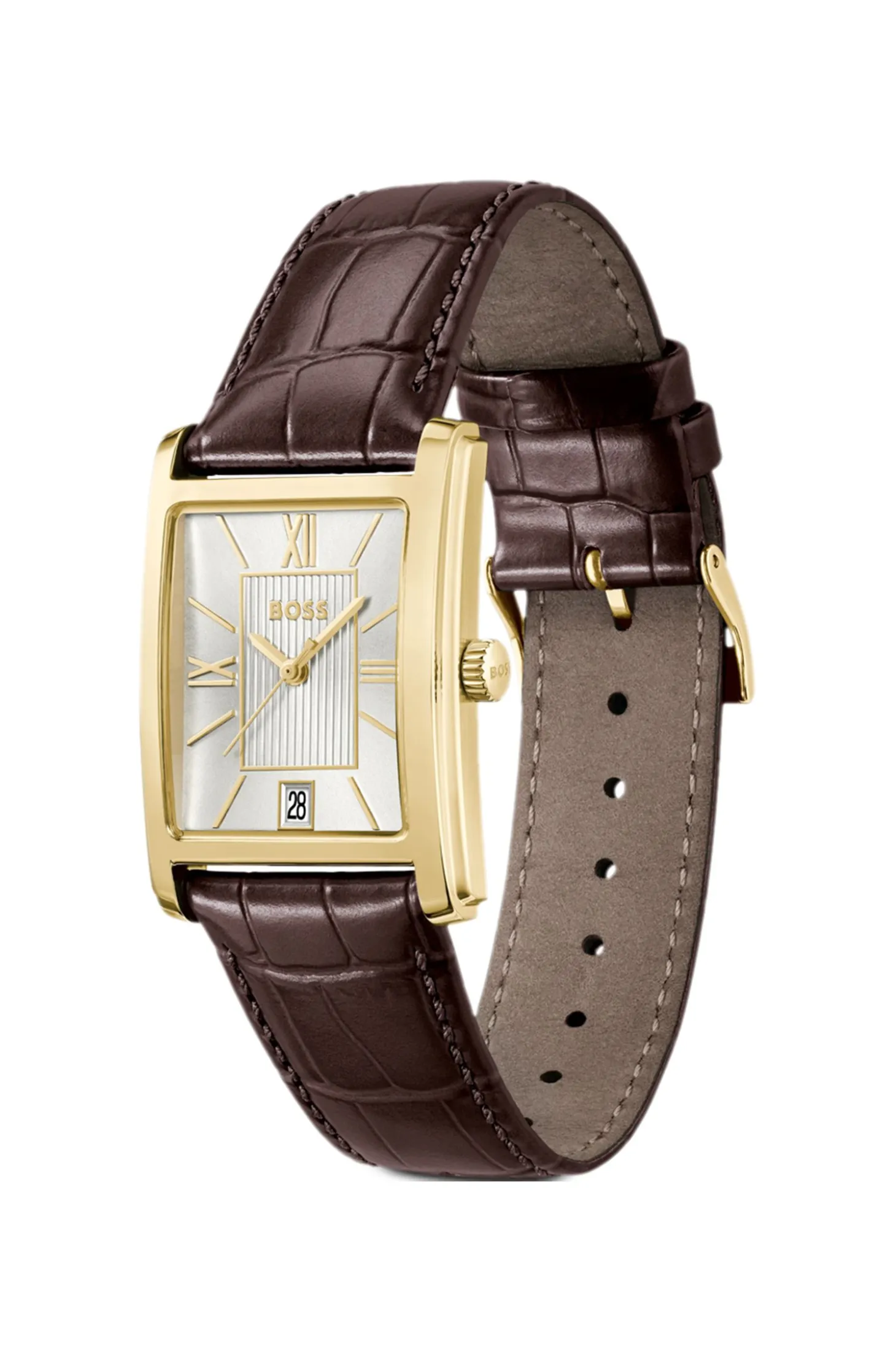 Leather-strap watch with silver-white dial