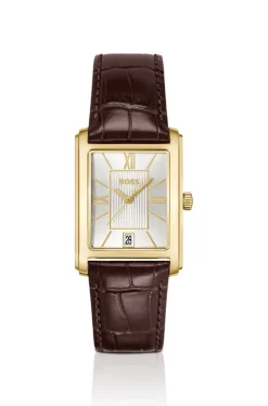 Leather-strap watch with silver-white dial
