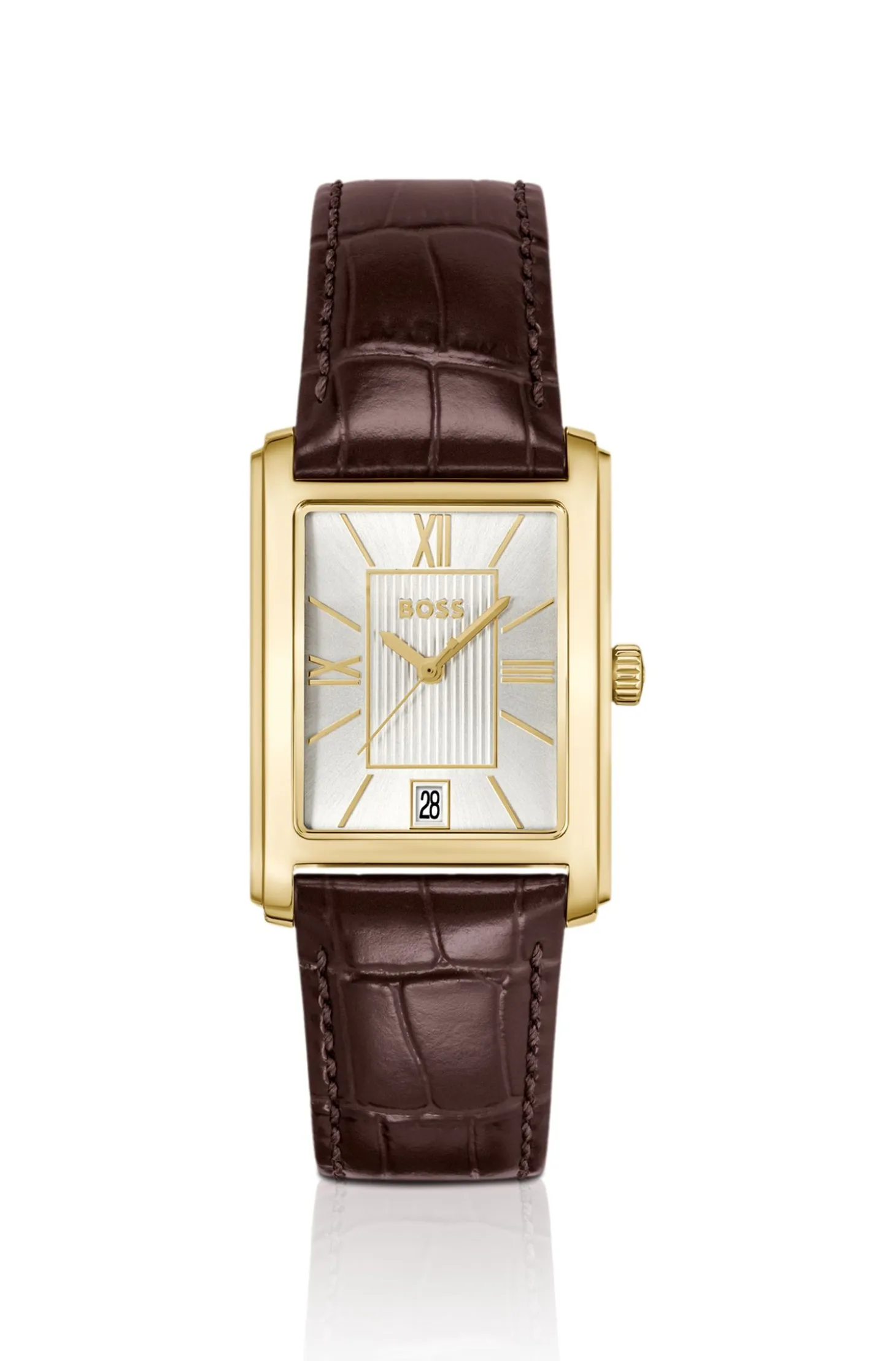 Leather-strap watch with silver-white dial