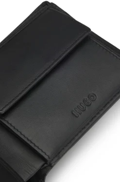 Leather wallet with red stacked logo and coin pocket