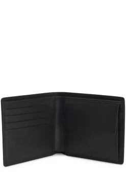 Leather wallet with red stacked logo and coin pocket