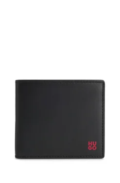 Leather wallet with red stacked logo and coin pocket