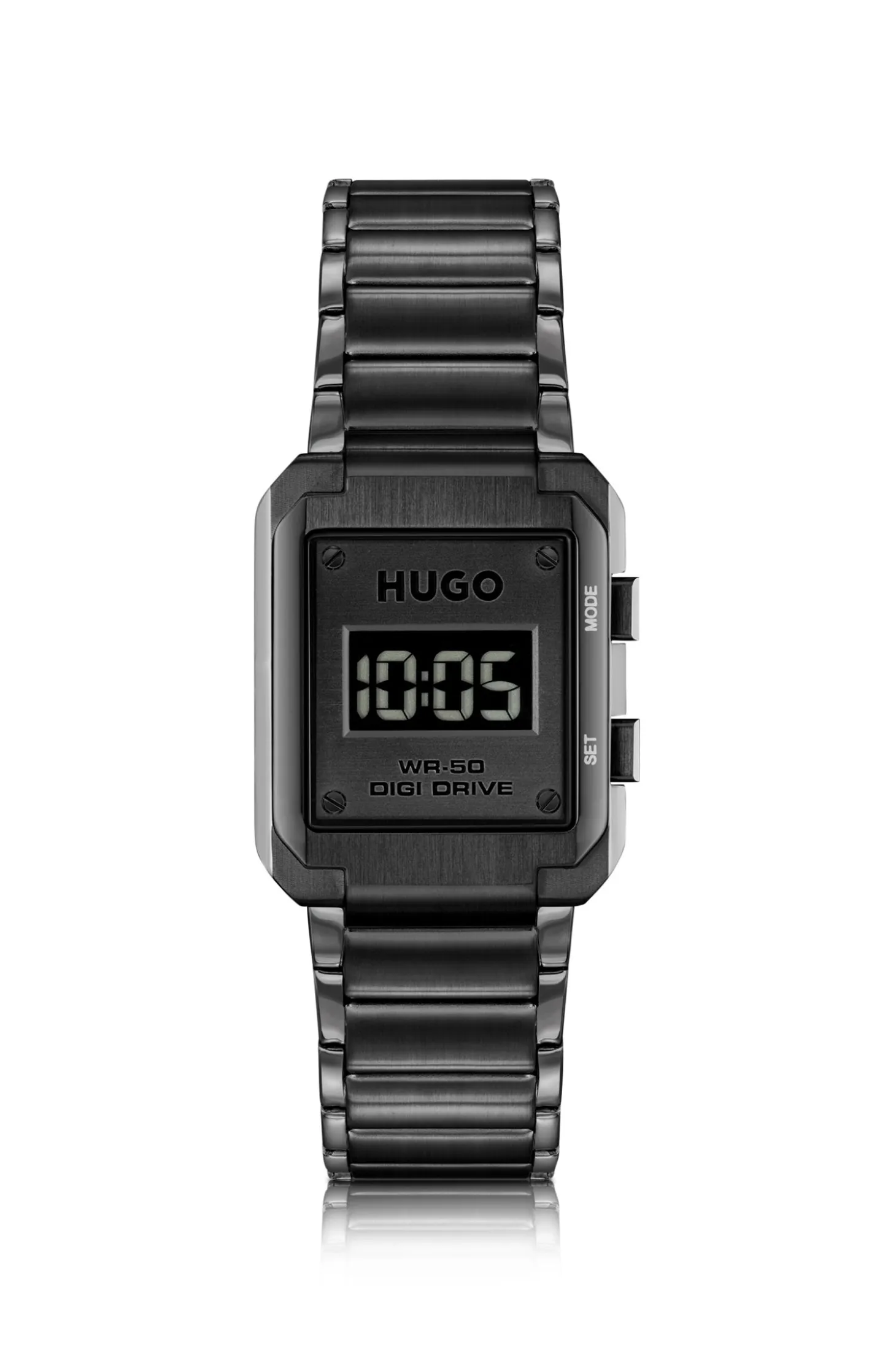 Link-bracelet digital watch with black dial