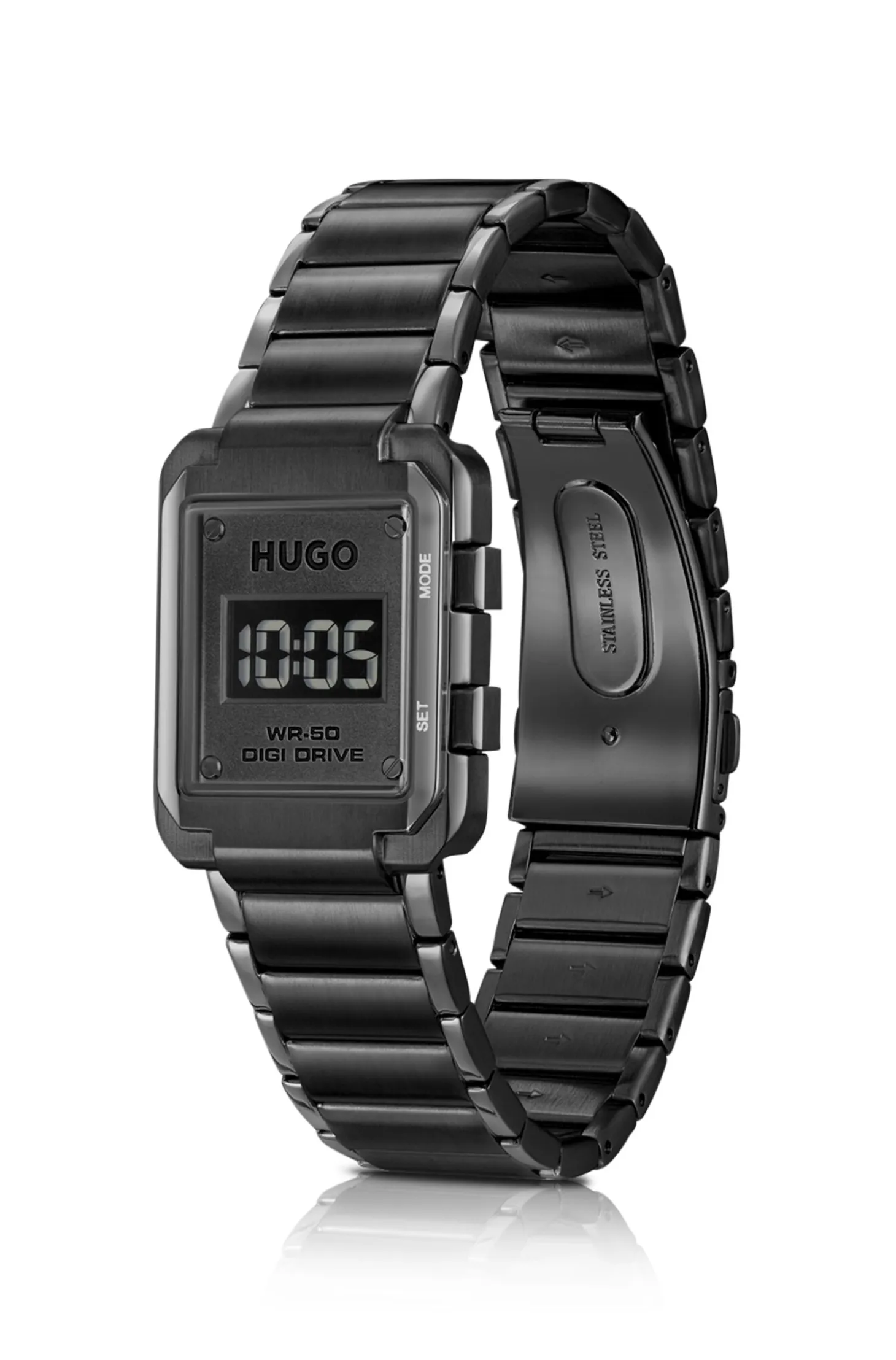 Link-bracelet digital watch with black dial