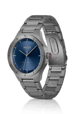 Lit grey-plated watch with blue dial