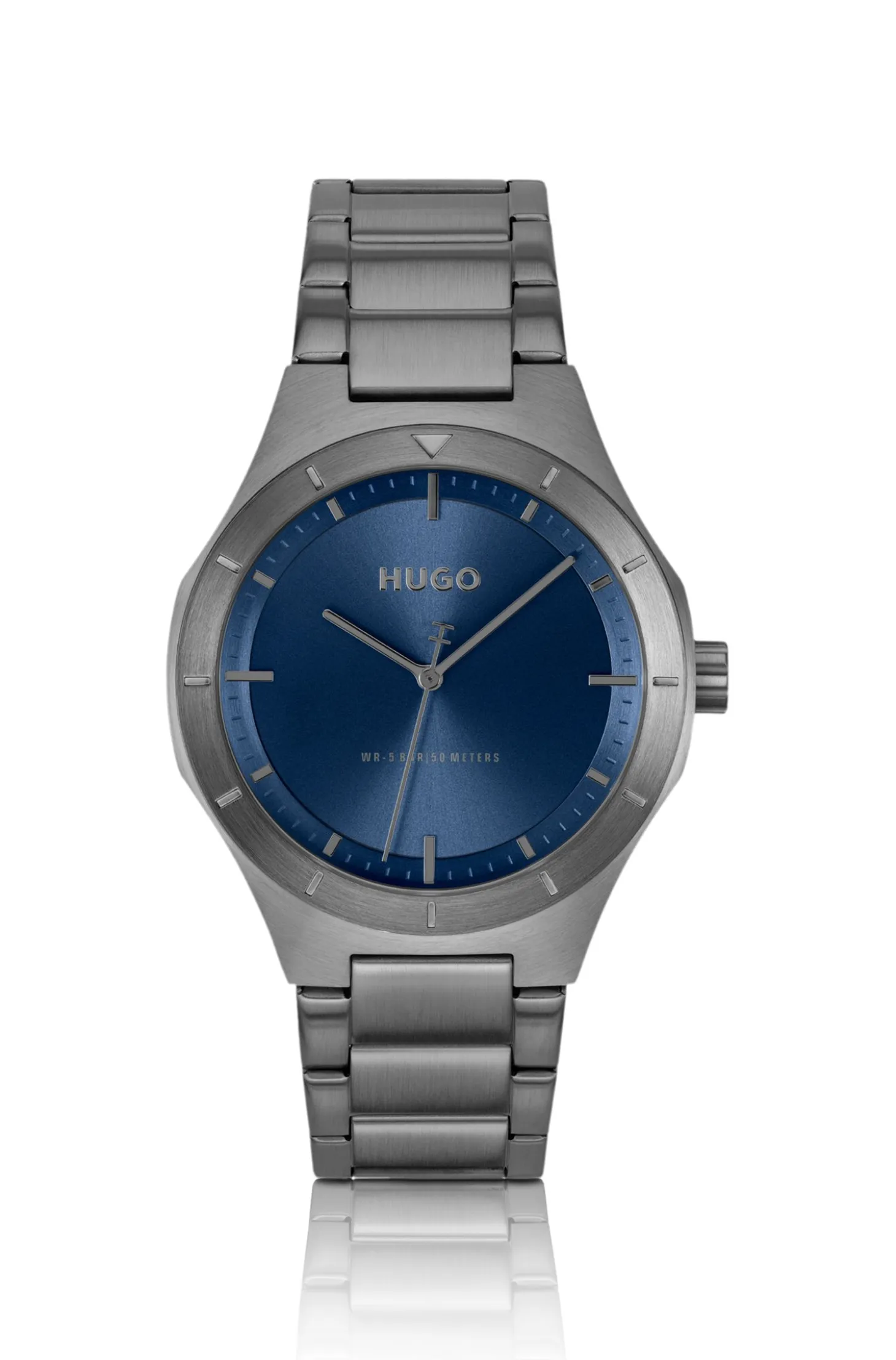 Lit grey-plated watch with blue dial