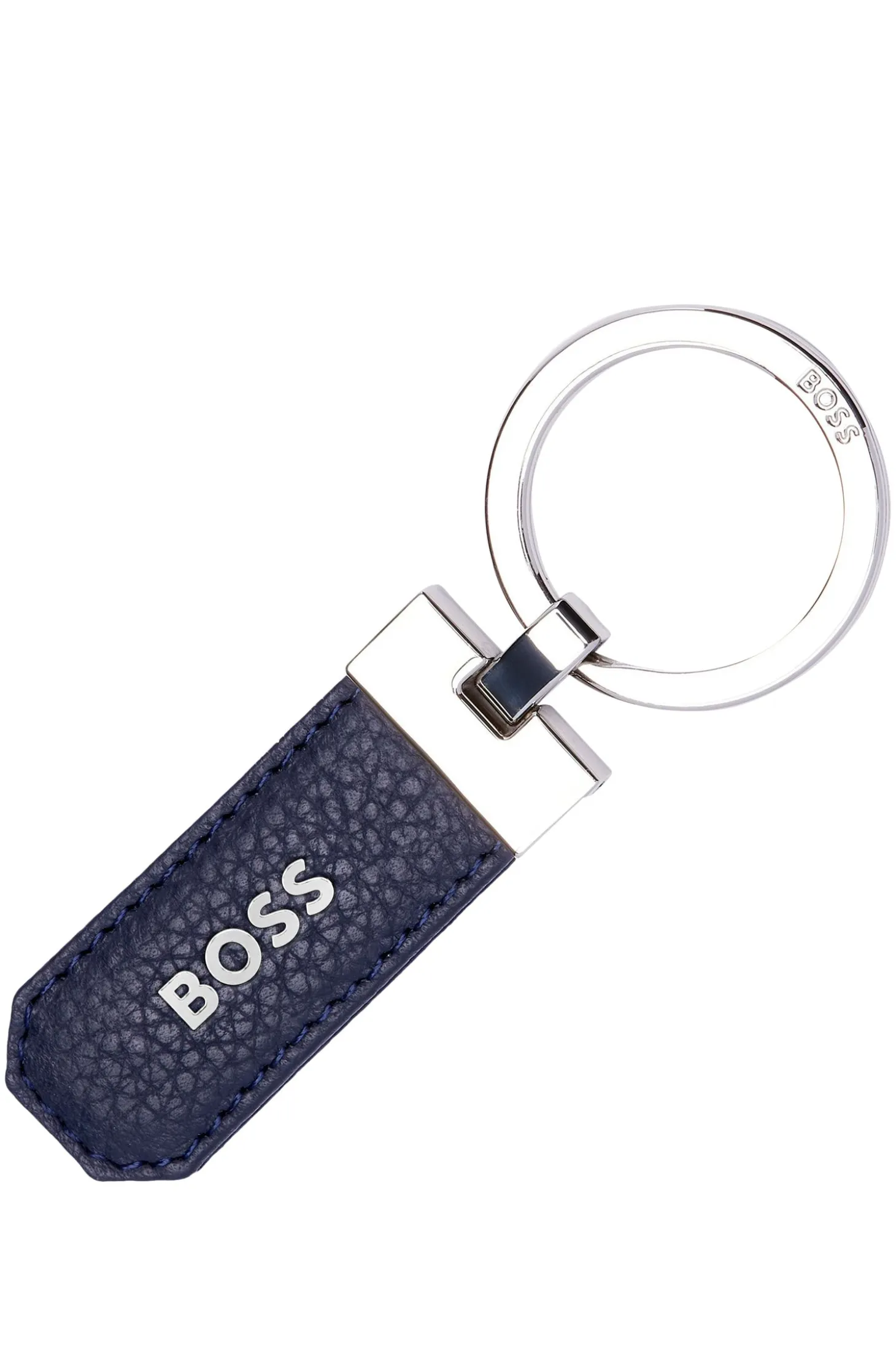 Logo key ring in navy grained leather and brass
