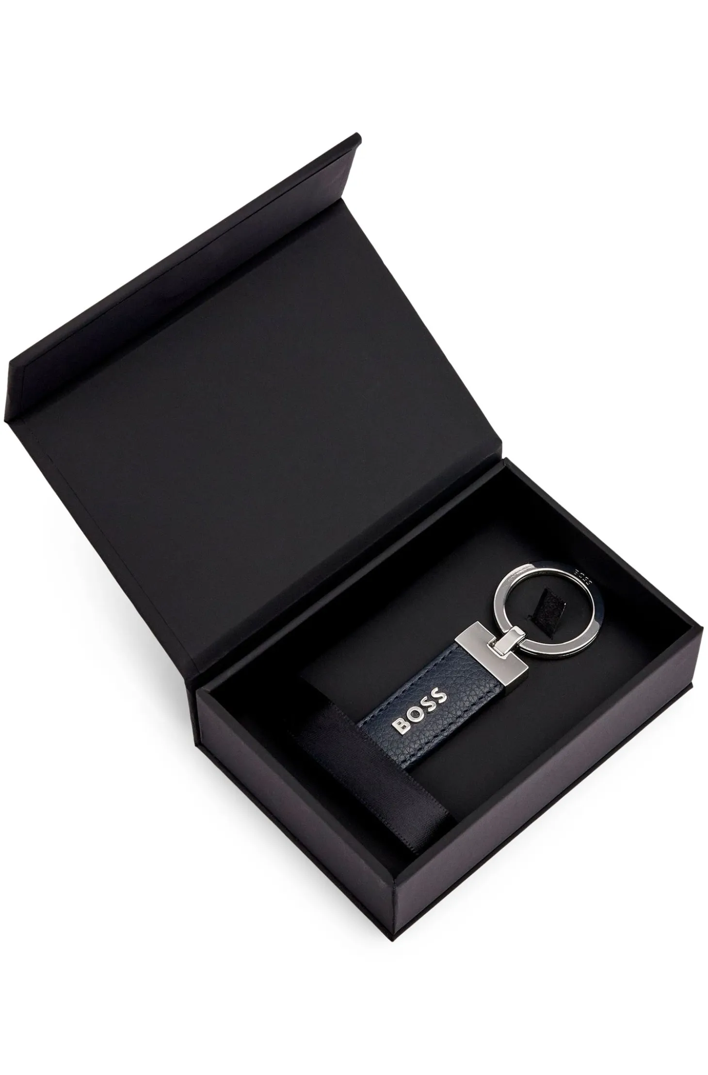 Logo key ring in navy grained leather and brass