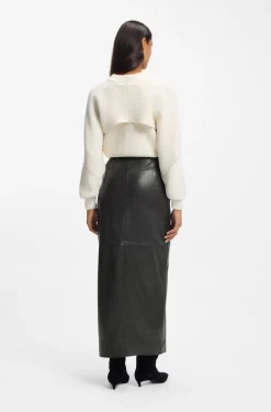 Long-length faux-leather pencil skirt with tie belt