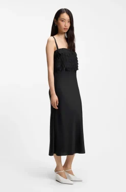Long-length strappy dress with laser-cut details