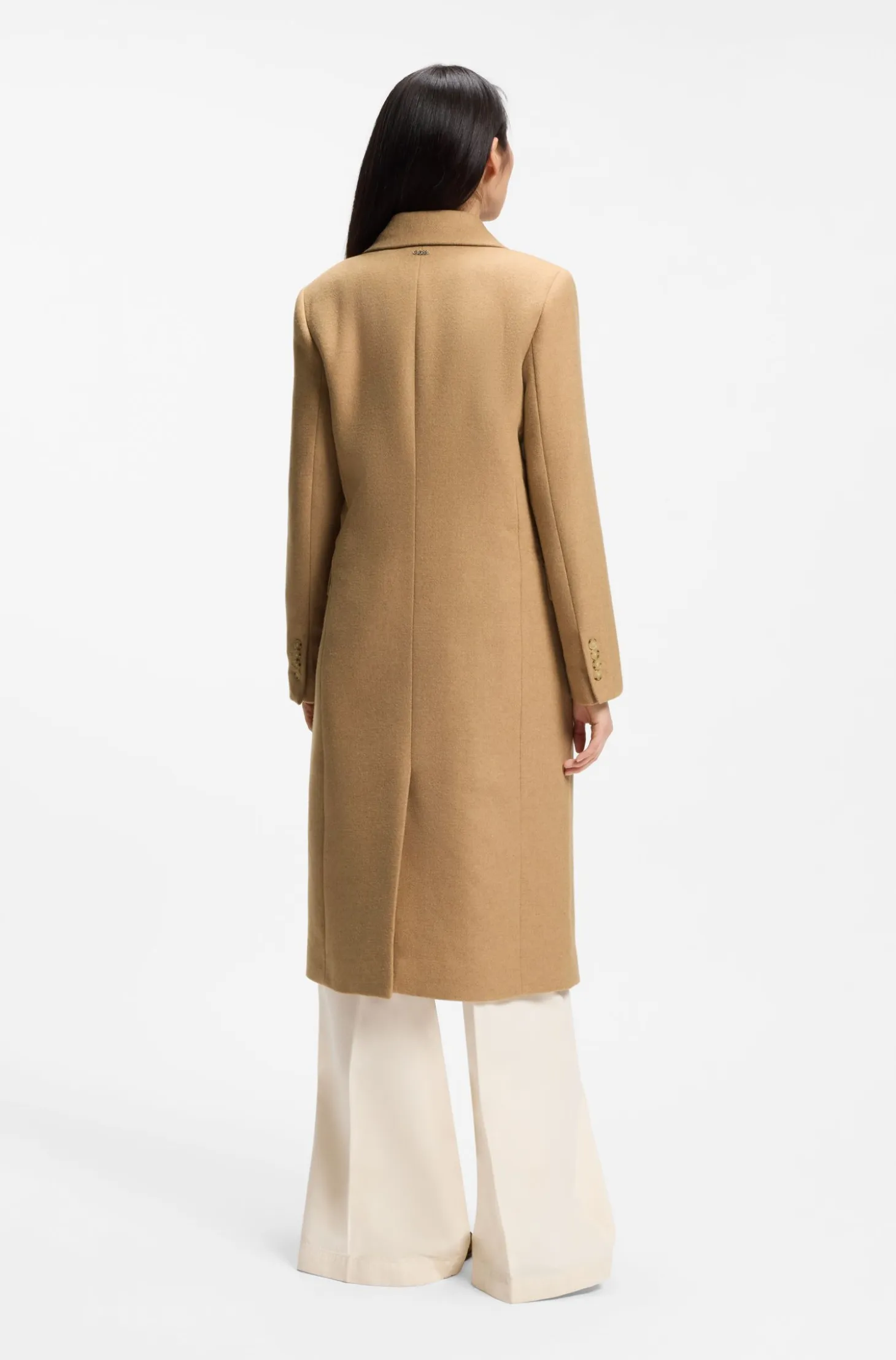 Long-length twill coat with double-breasted closure