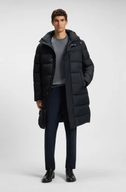 Longline water-repellent padded jacket with hood