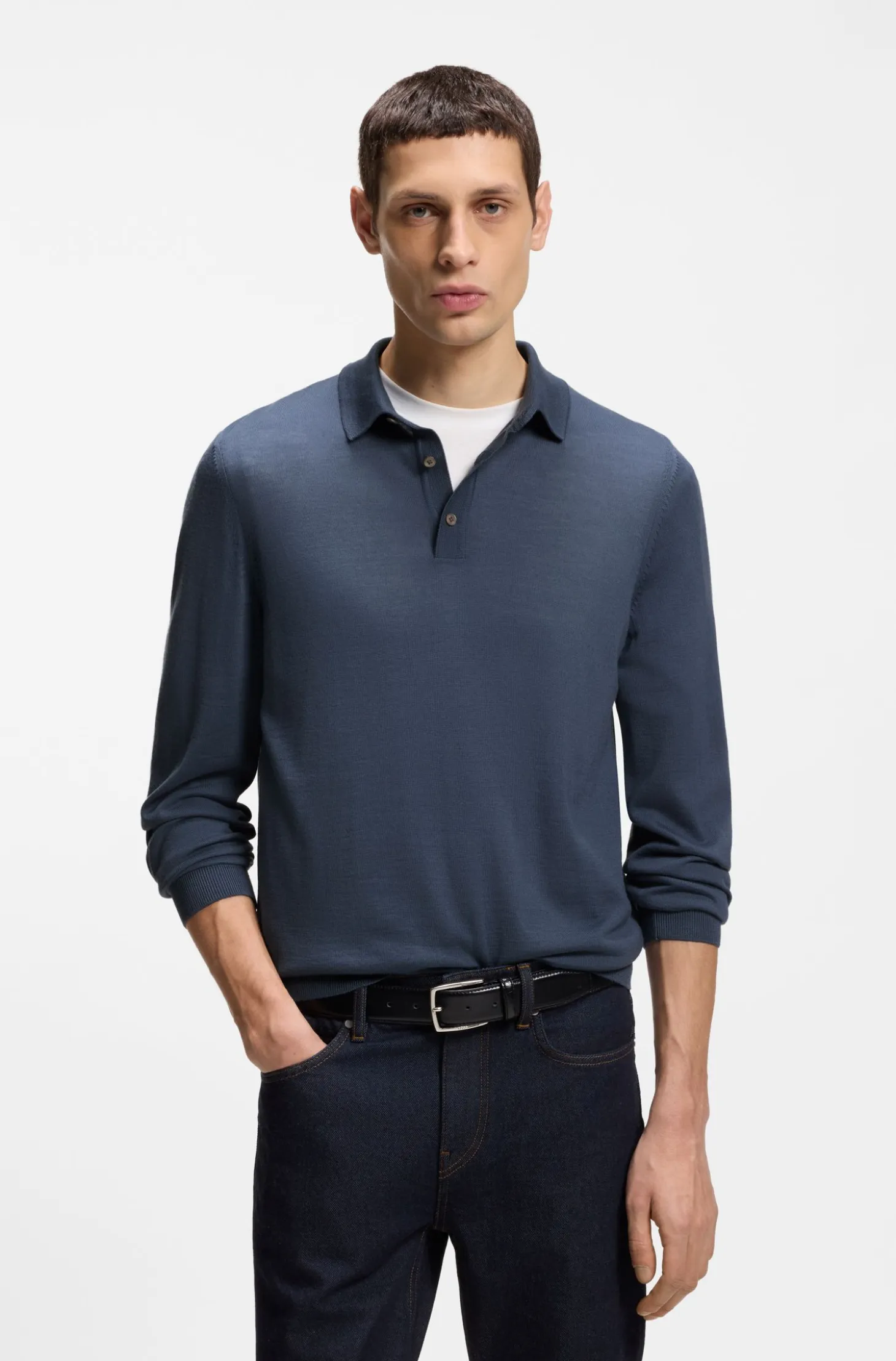 Long-sleeved knit polo sweater in Italian virgin wool