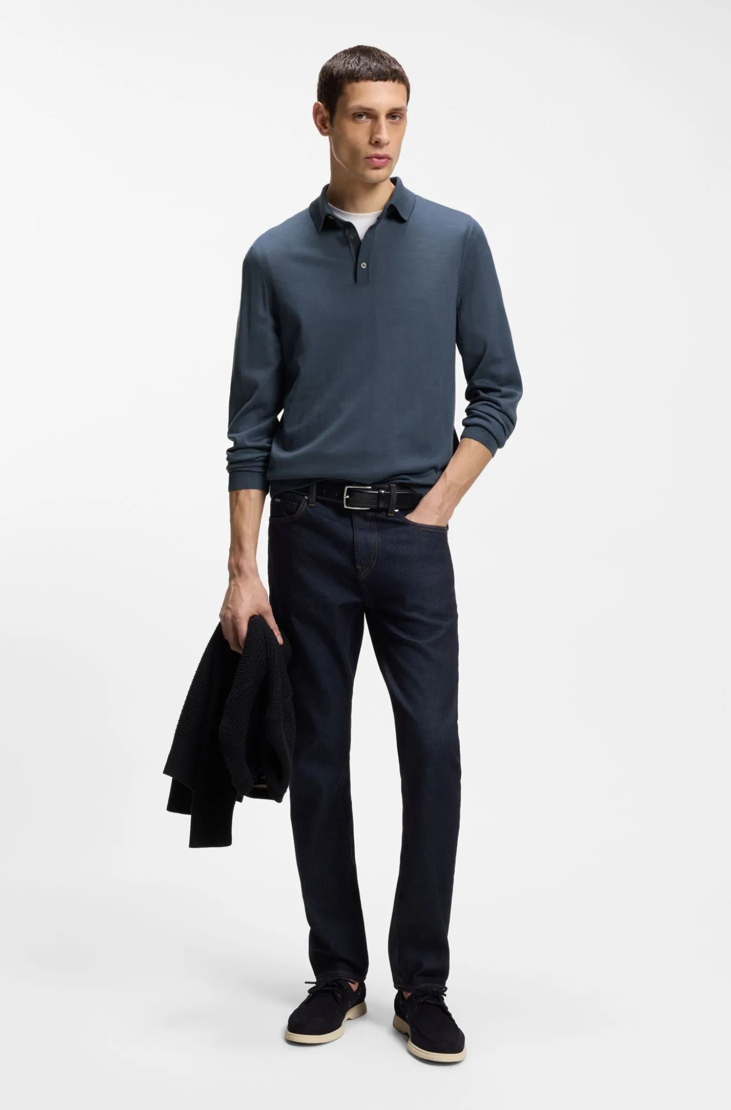Long-sleeved knit polo sweater in Italian virgin wool