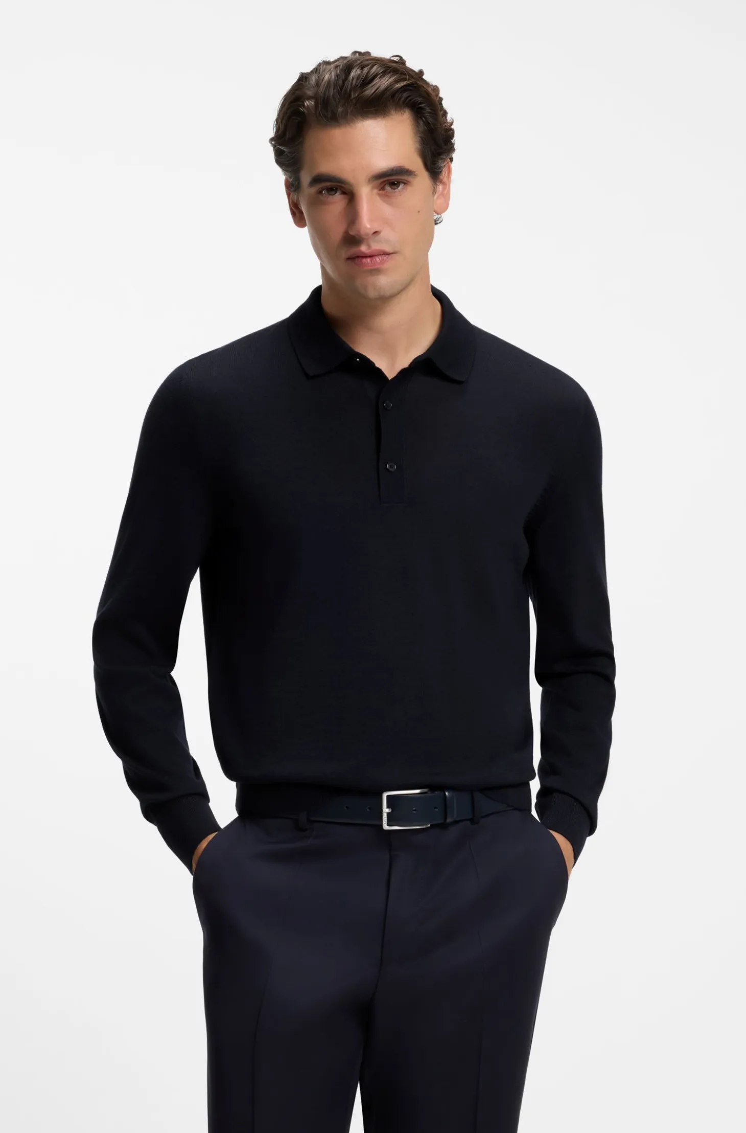 Long-sleeved polo sweater in Merino wool