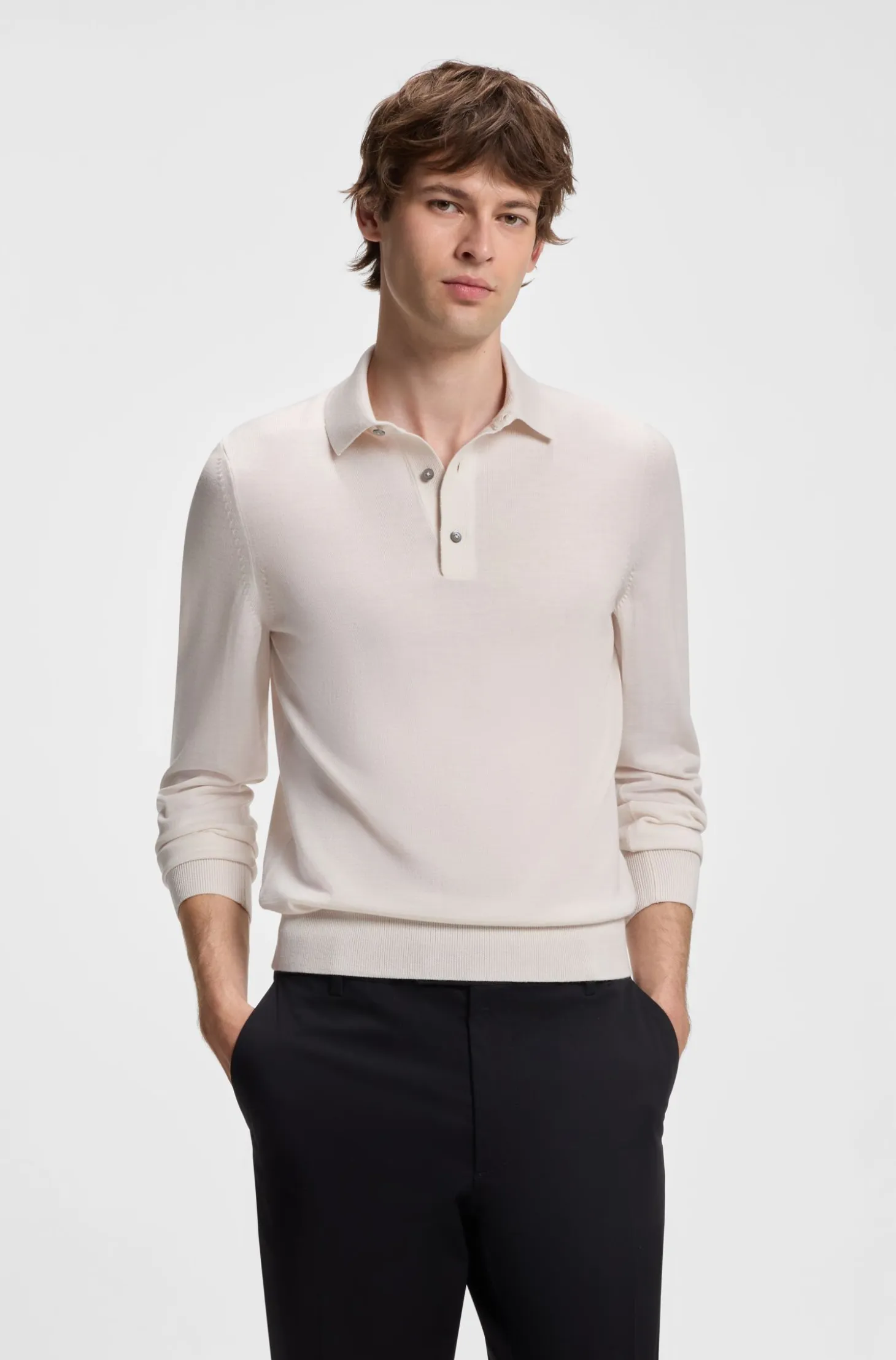 Long-sleeved polo sweater in Merino wool