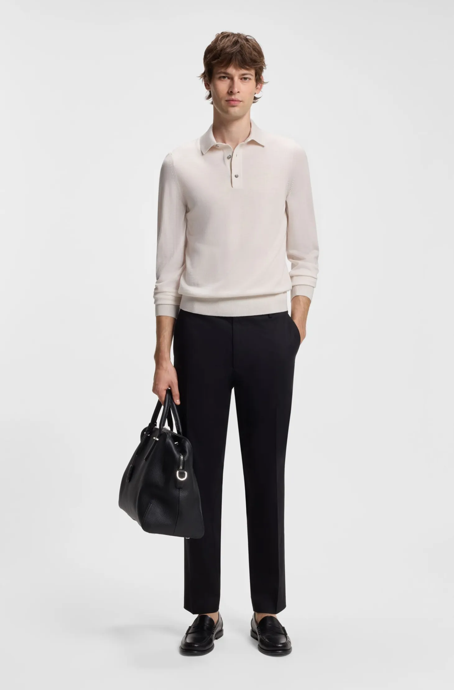 Long-sleeved polo sweater in Merino wool