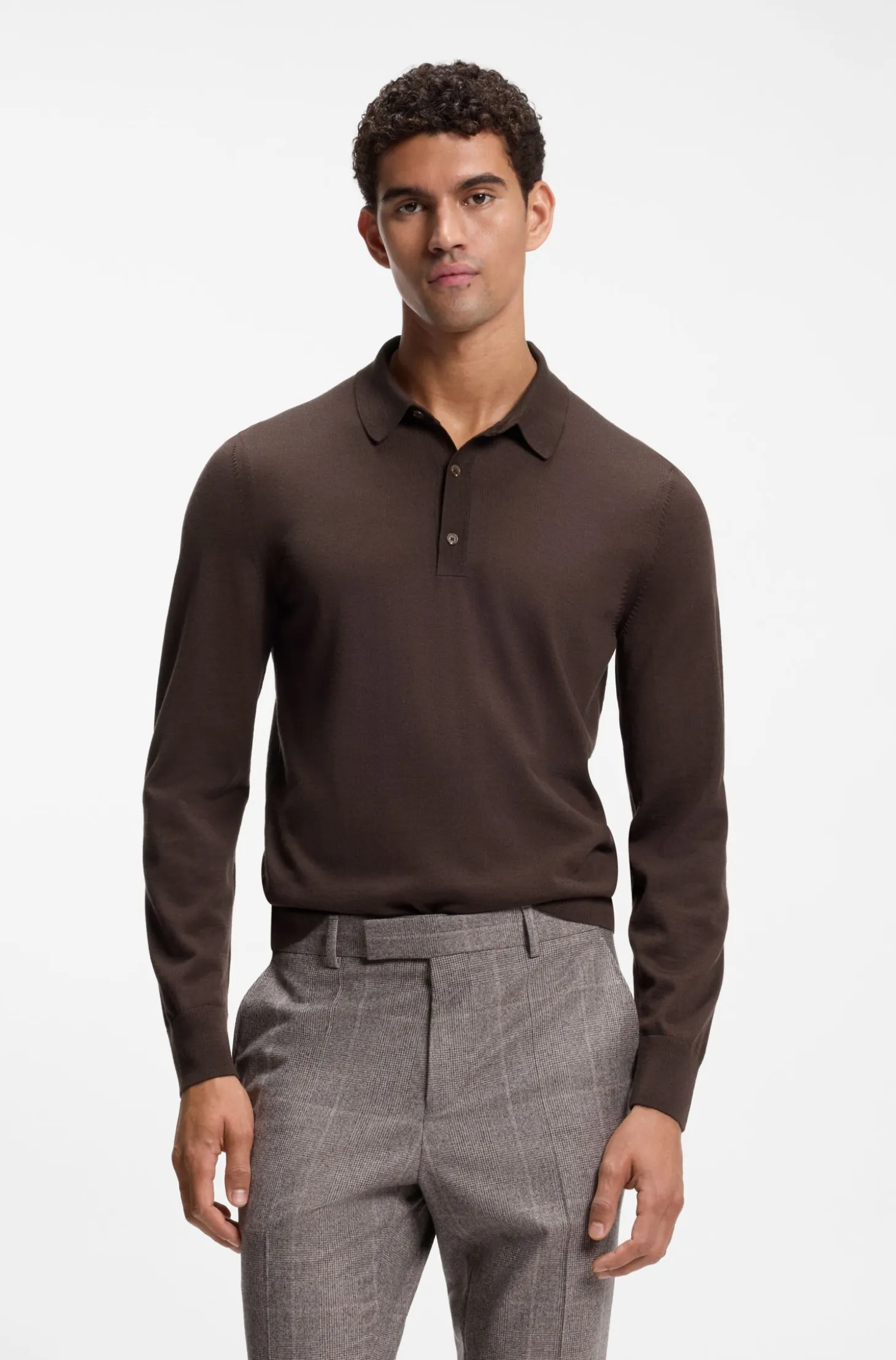 Long-sleeved polo sweater in Merino wool