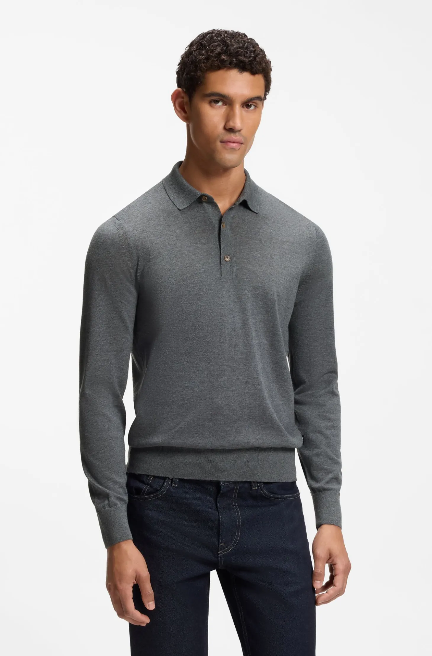 Long-sleeved polo sweater in Merino wool