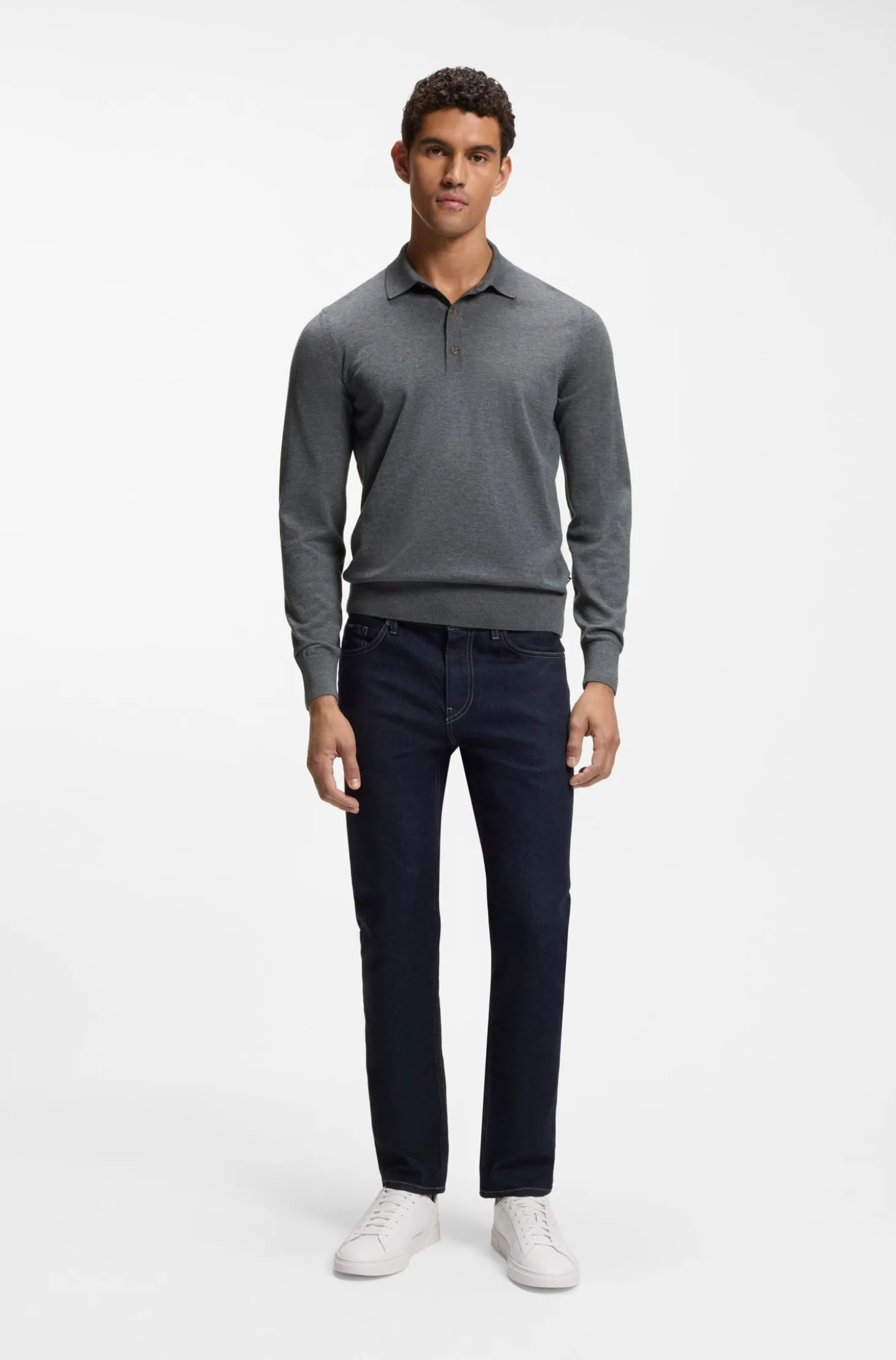 Long-sleeved polo sweater in Merino wool