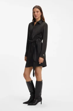 Long-sleeved wrap dress in satin with stacked logo