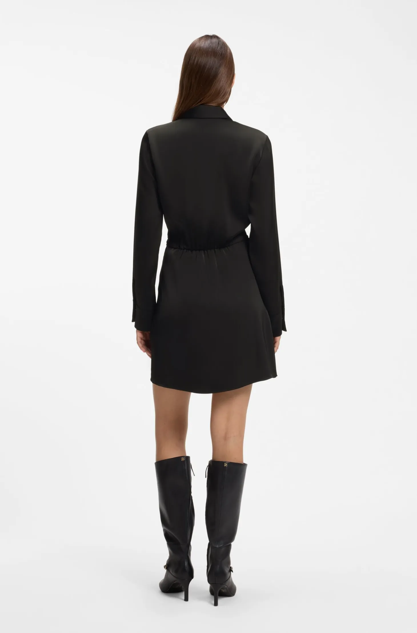 Long-sleeved wrap dress in satin with stacked logo