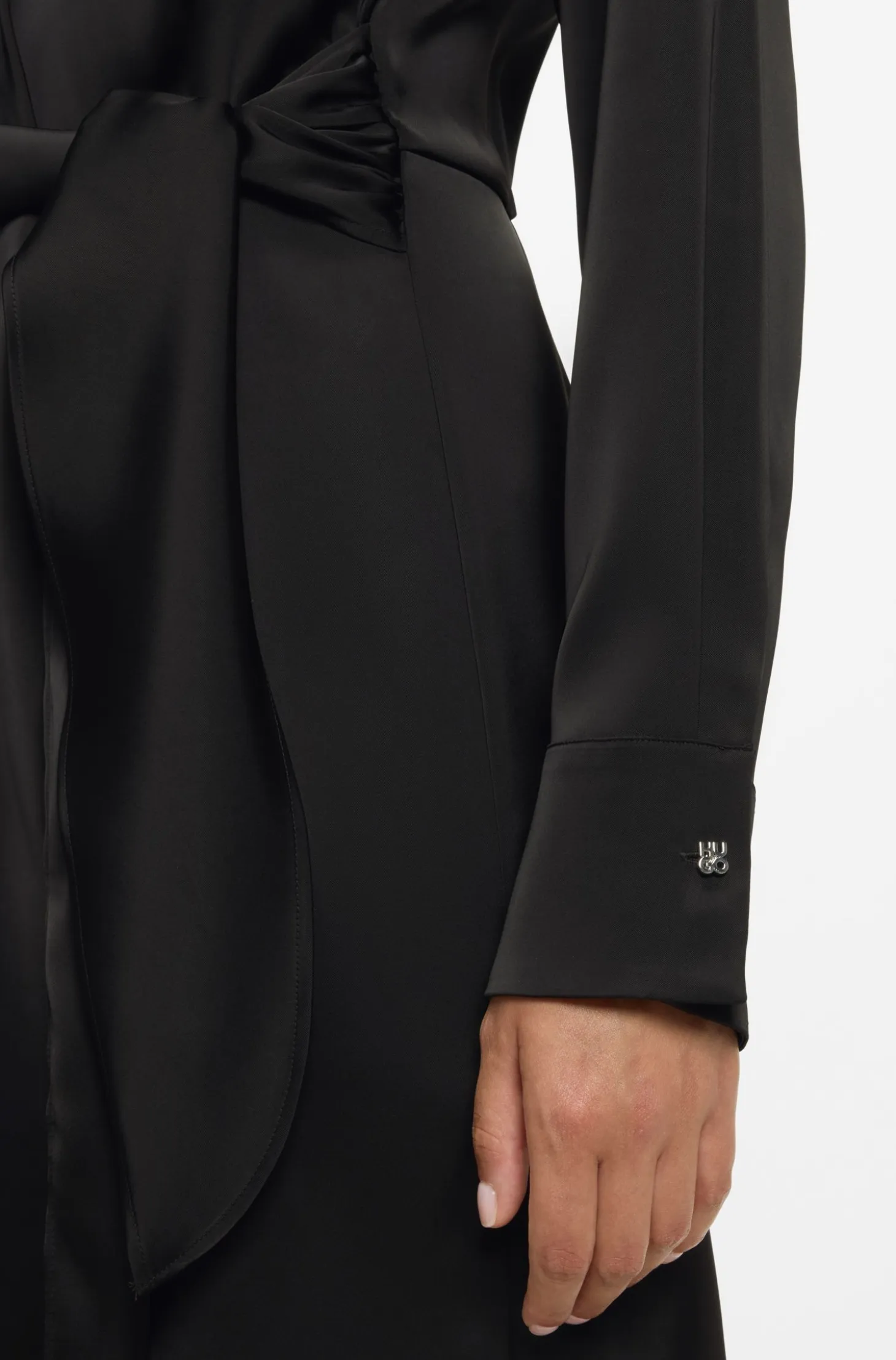 Long-sleeved wrap dress in satin with stacked logo
