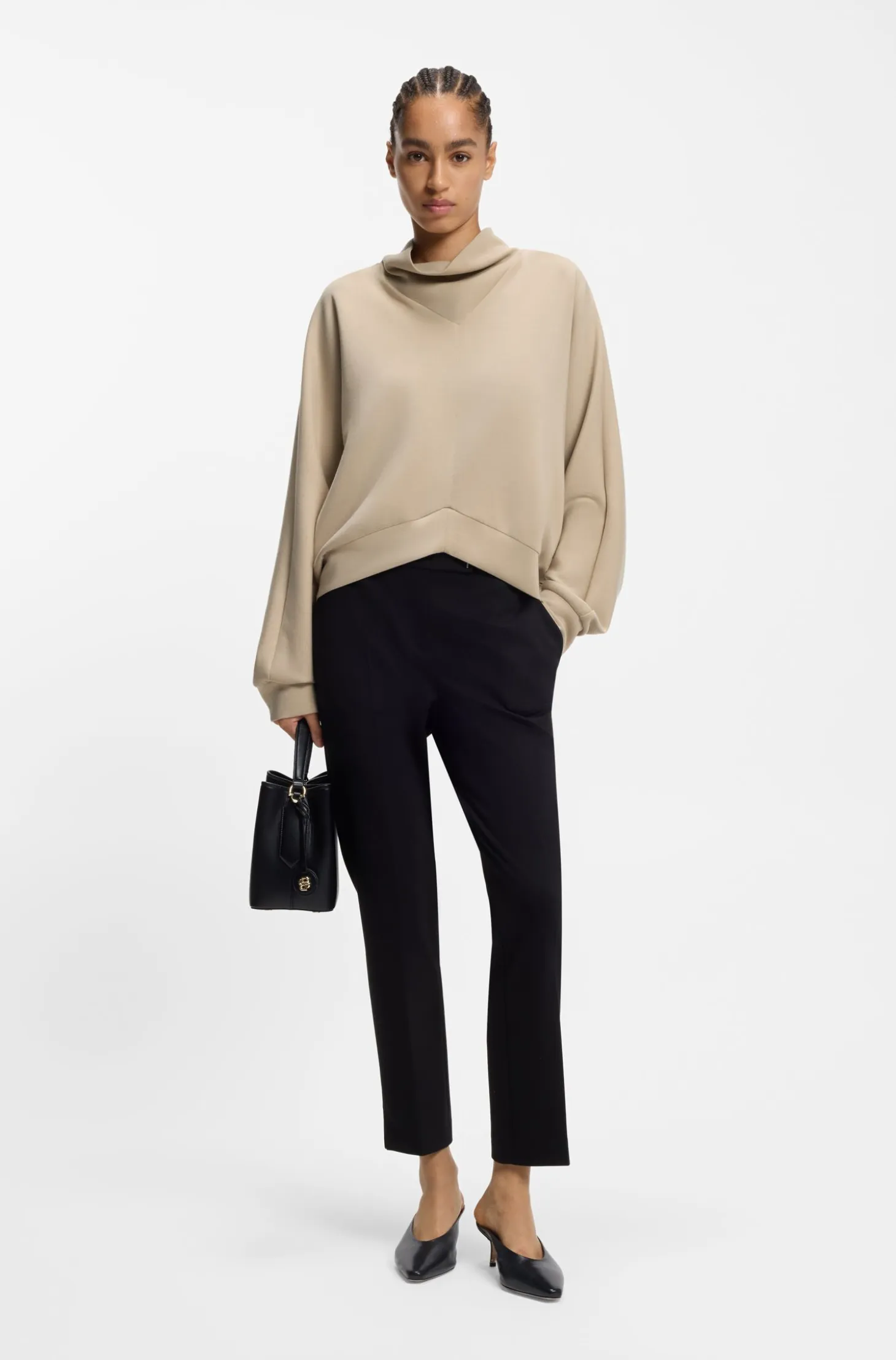Loose-fit sweatshirt with draped funnel neck