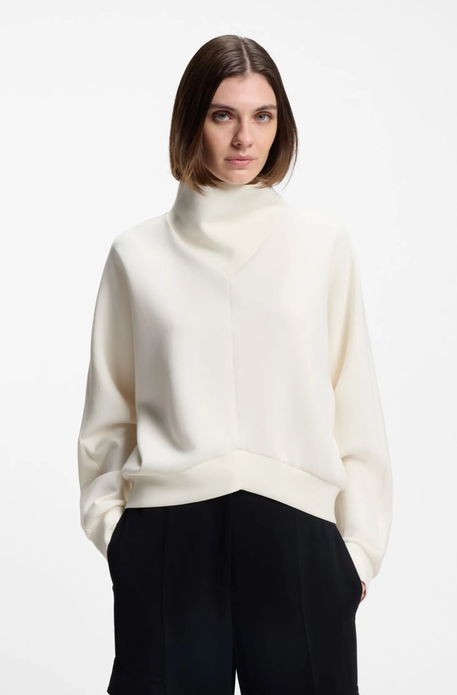 Loose-fit sweatshirt with draped funnel neck