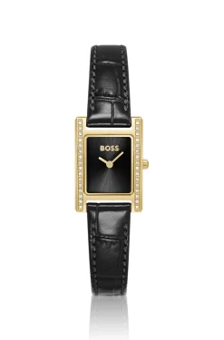 LUCY PRECIOUS Crystal-embellished black-dial watch with matching leather strap