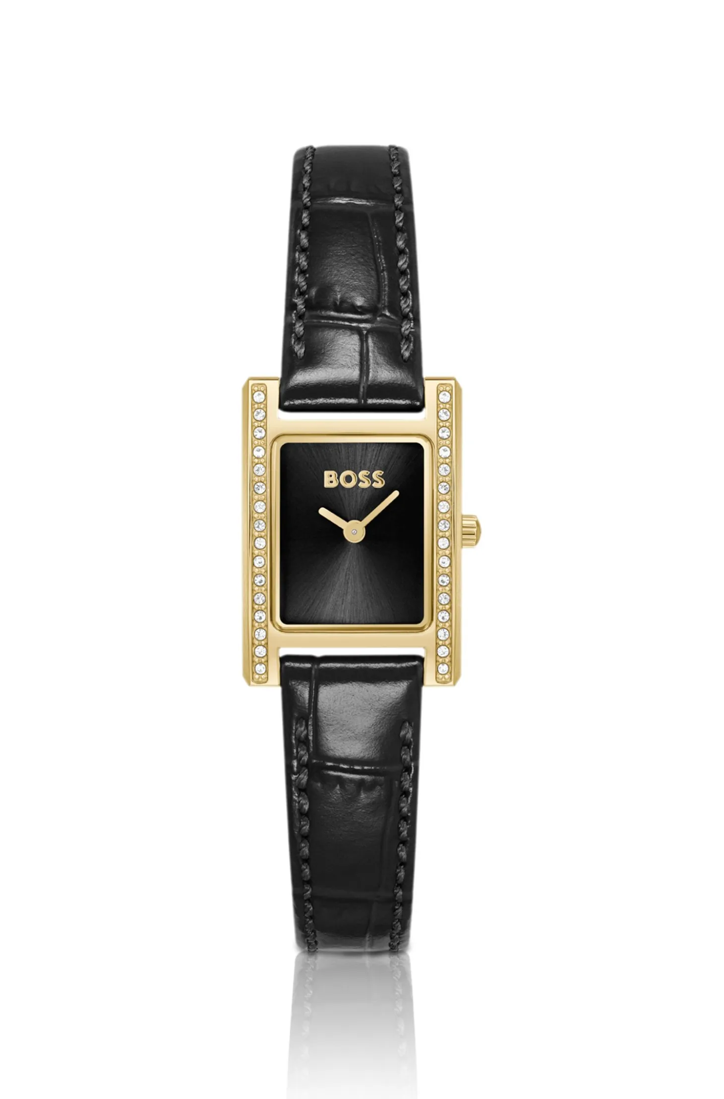 LUCY PRECIOUS Crystal-embellished black-dial watch with matching leather strap