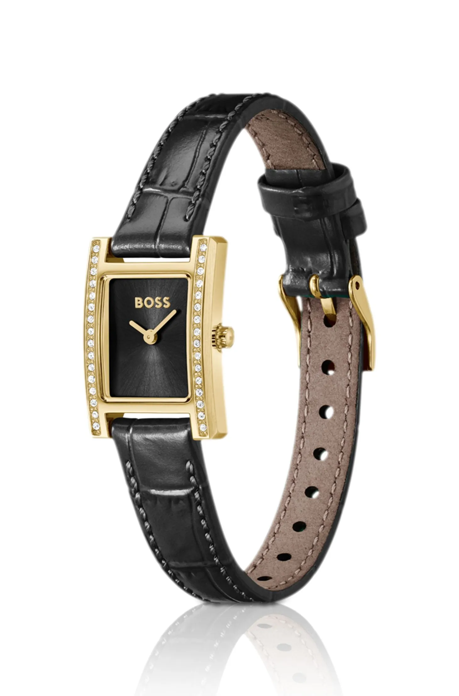 LUCY PRECIOUS Crystal-embellished black-dial watch with matching leather strap
